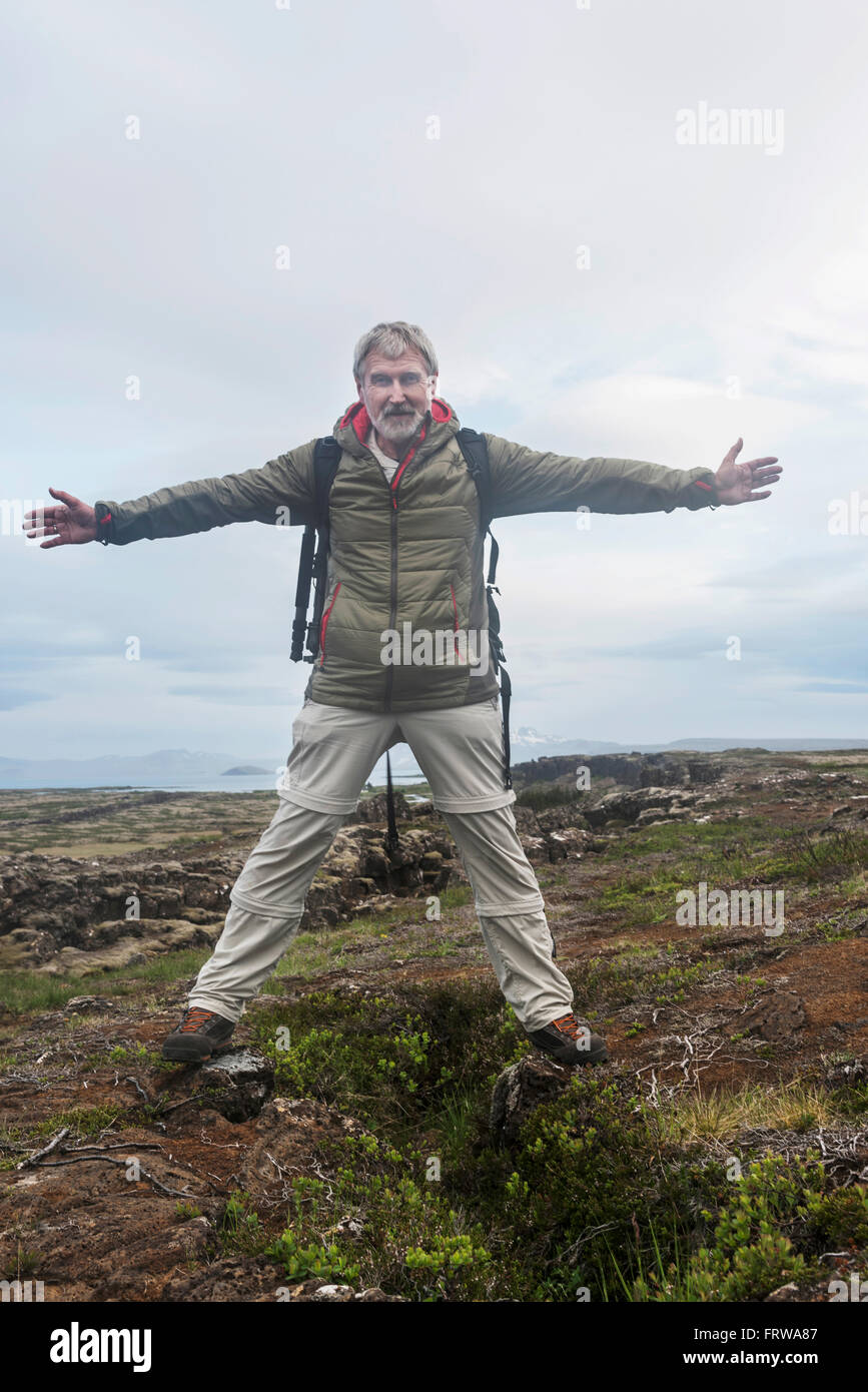 Iceland, man at Thingvellir rift zone Stock Photo