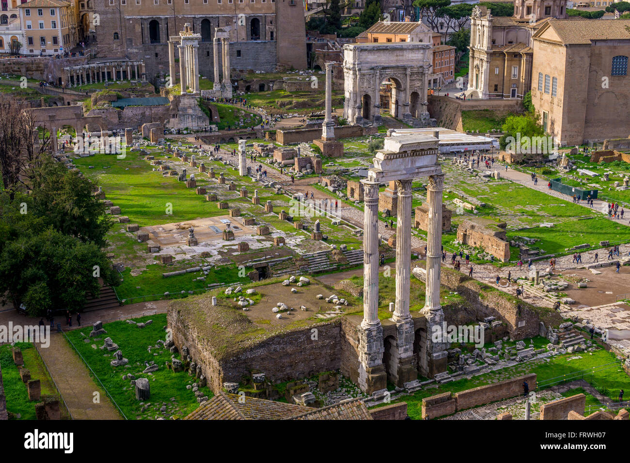 View of the ruins in the Roman Forum, including Basilica Julia, Temple