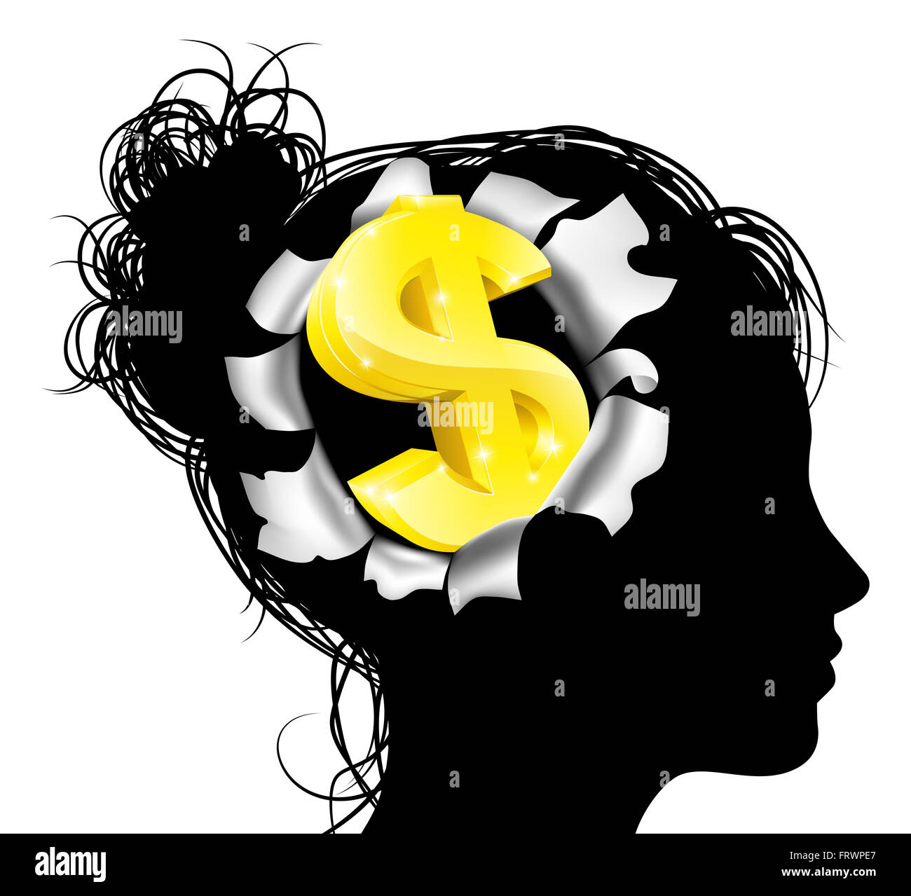 A womans head in silhouette with gold dollar sign symbol. Concept for thinking or dreaming about making money or business succes Stock Photo