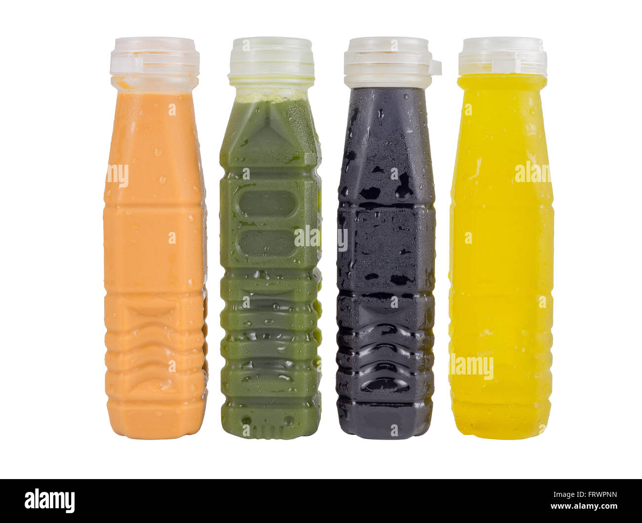 green tea, thai tea, black coffee, chrysanthemum water in plastic bottle isolated on white background with clipping path Stock Photo