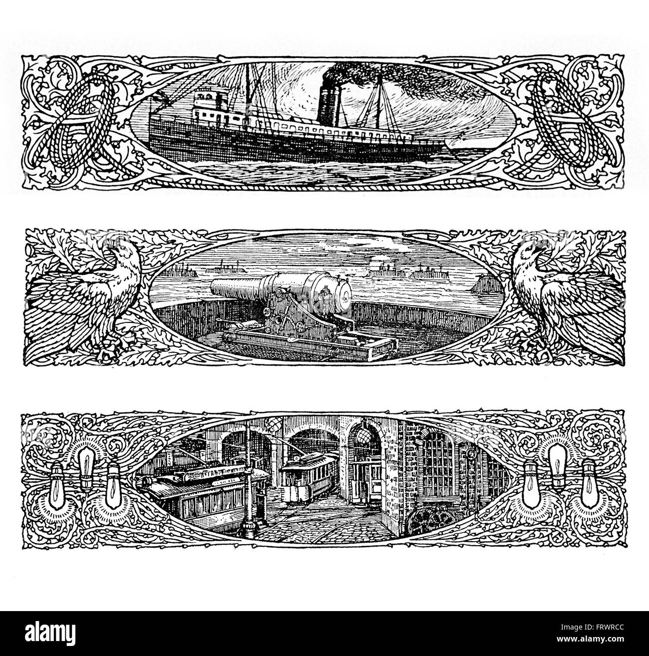 Three beautiful vintage art deco borders  with an old ocean liner, gun on turrett, urban view with tramways, all framed by iper decorated flourishes encasing eagles, lamps and ropes. Stock Photo