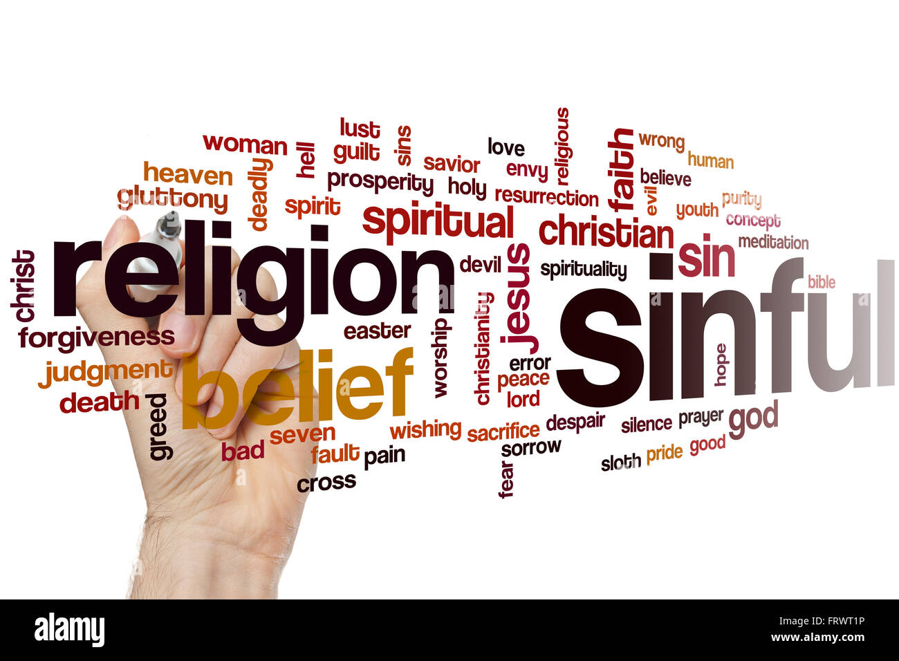 Sinful word cloud concept with religion sin related tags Stock Photo