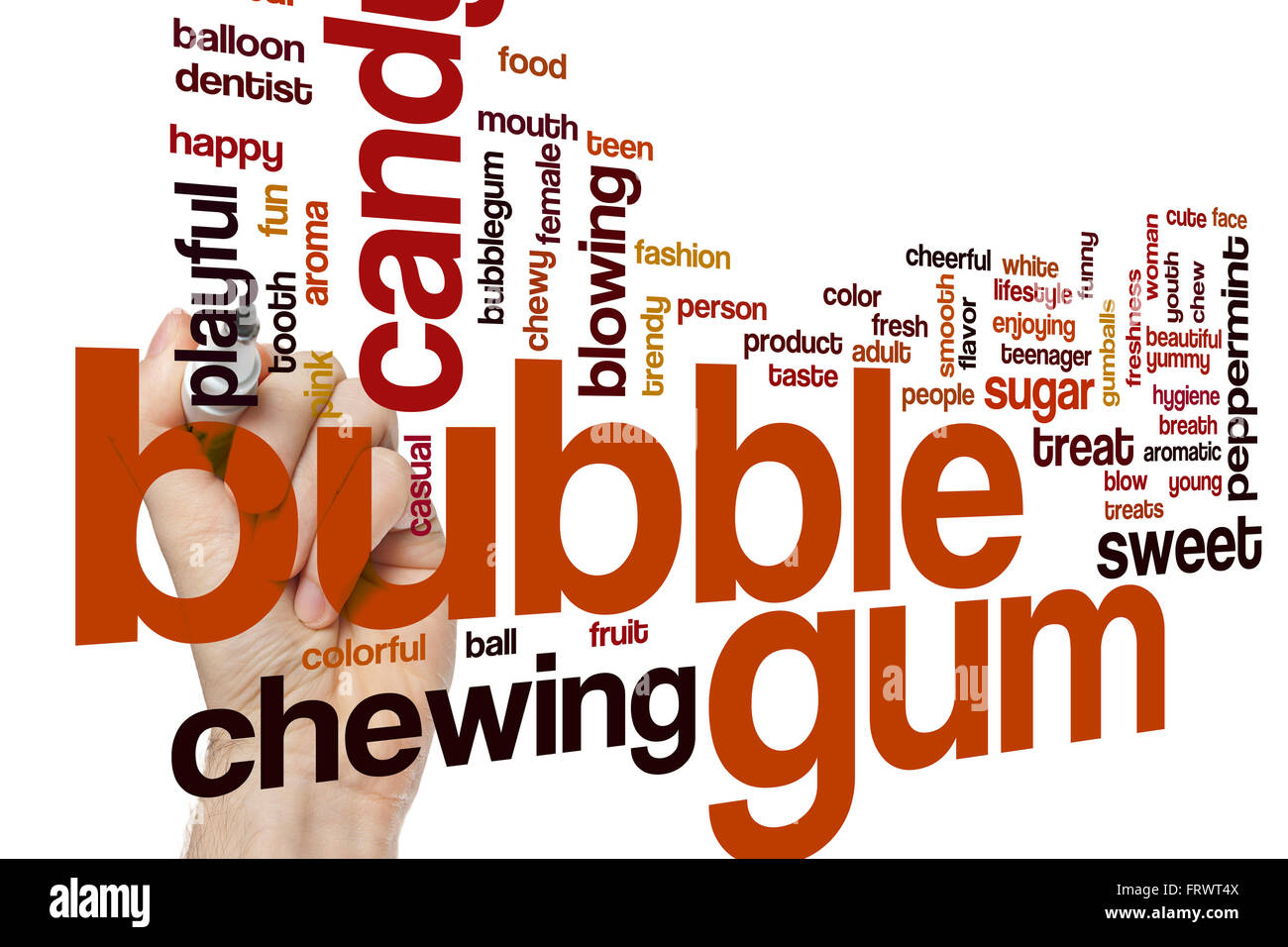 Bubble gum word cloud concept with candy chewing related tags Stock Photo