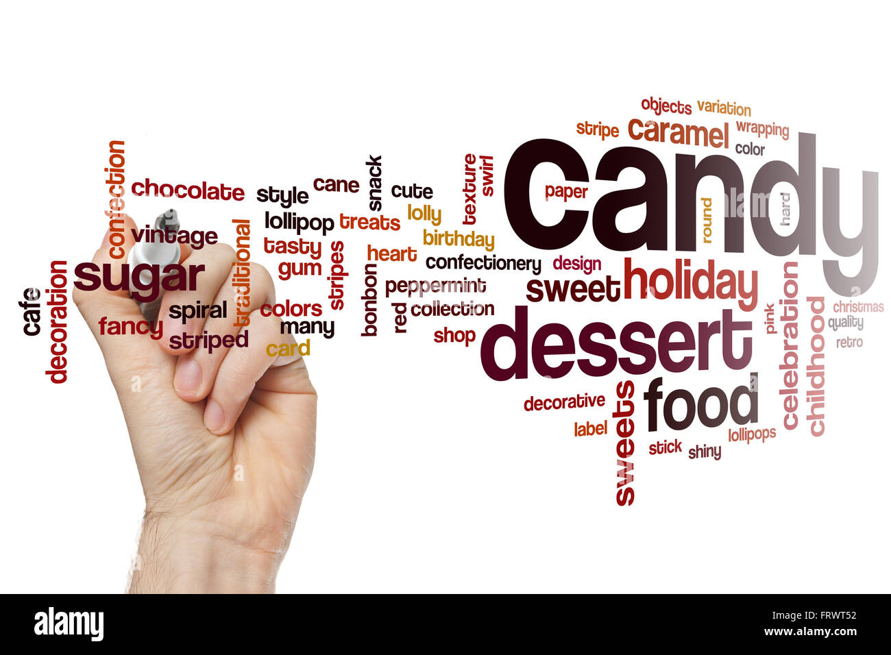 Candy word cloud concept with food dessert related tags Stock Photo