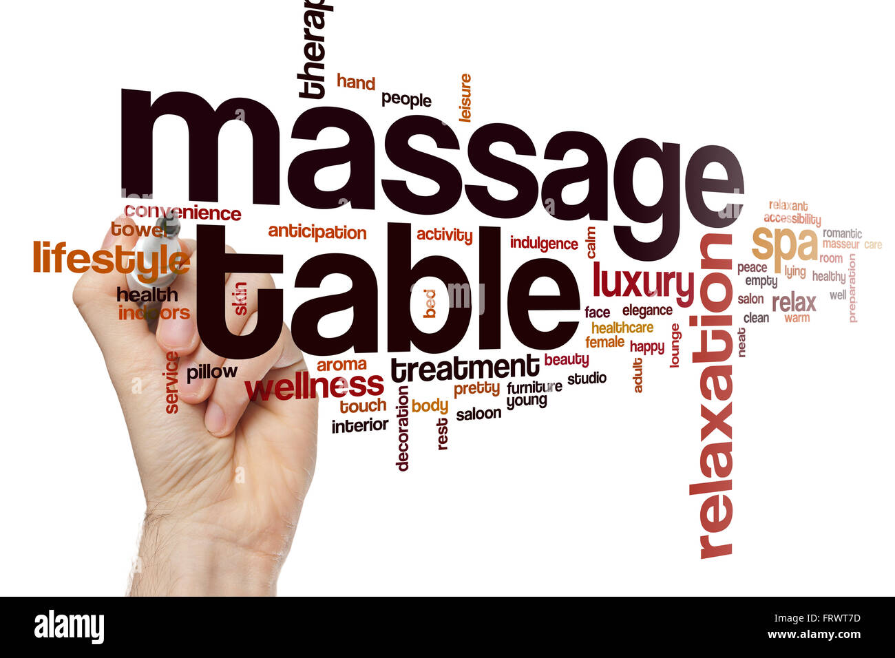 Massage table word cloud concept with relaxation luxury related tags Stock Photo