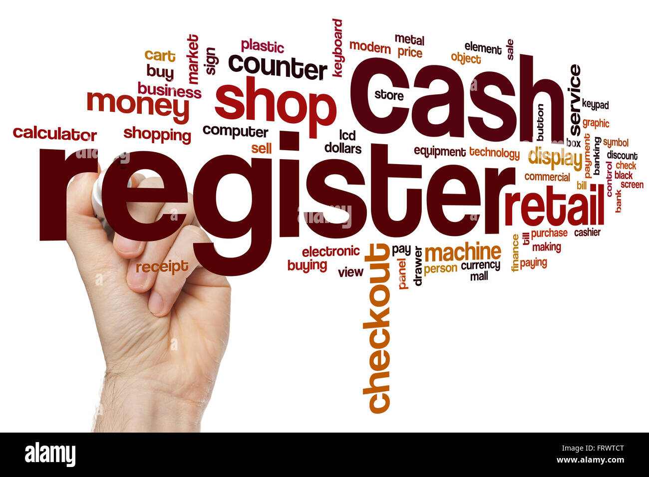 Cash register cloud concept with retail shop related tags Stock Photo