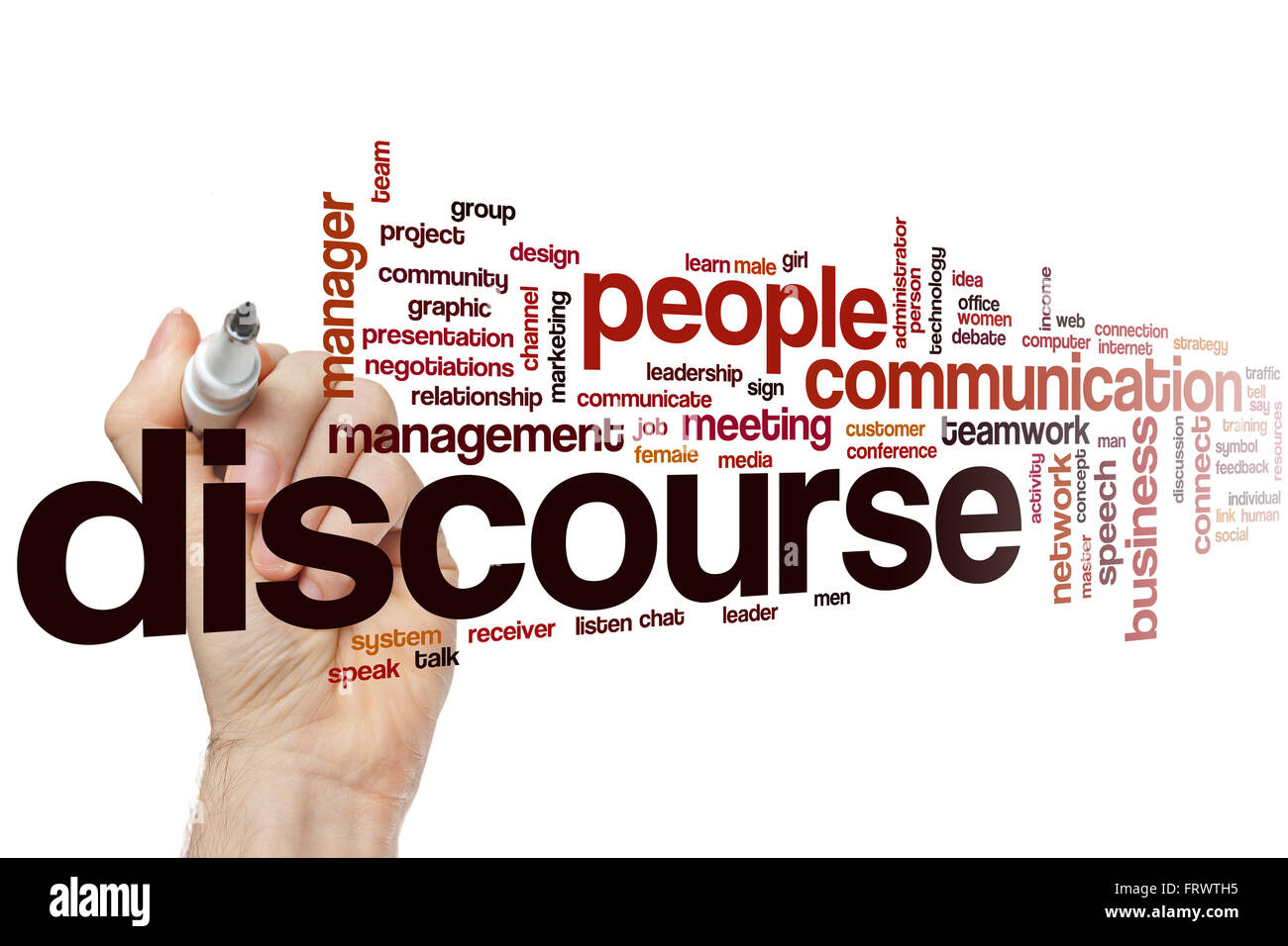 Discourse word cloud concept with communication talk related tags Stock Photo