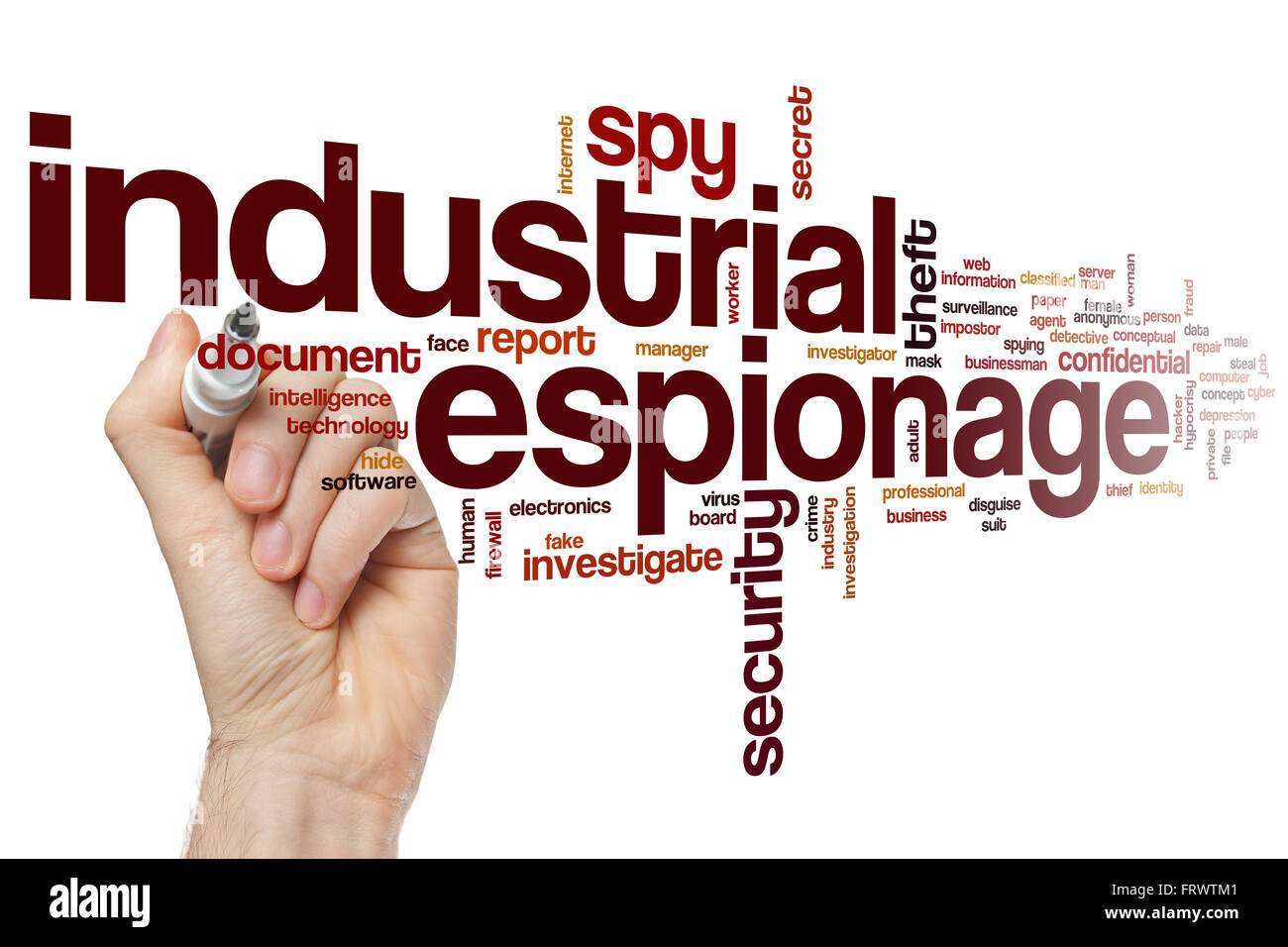 Industrial espionage word cloud concept with security theft related tags Stock Photo
