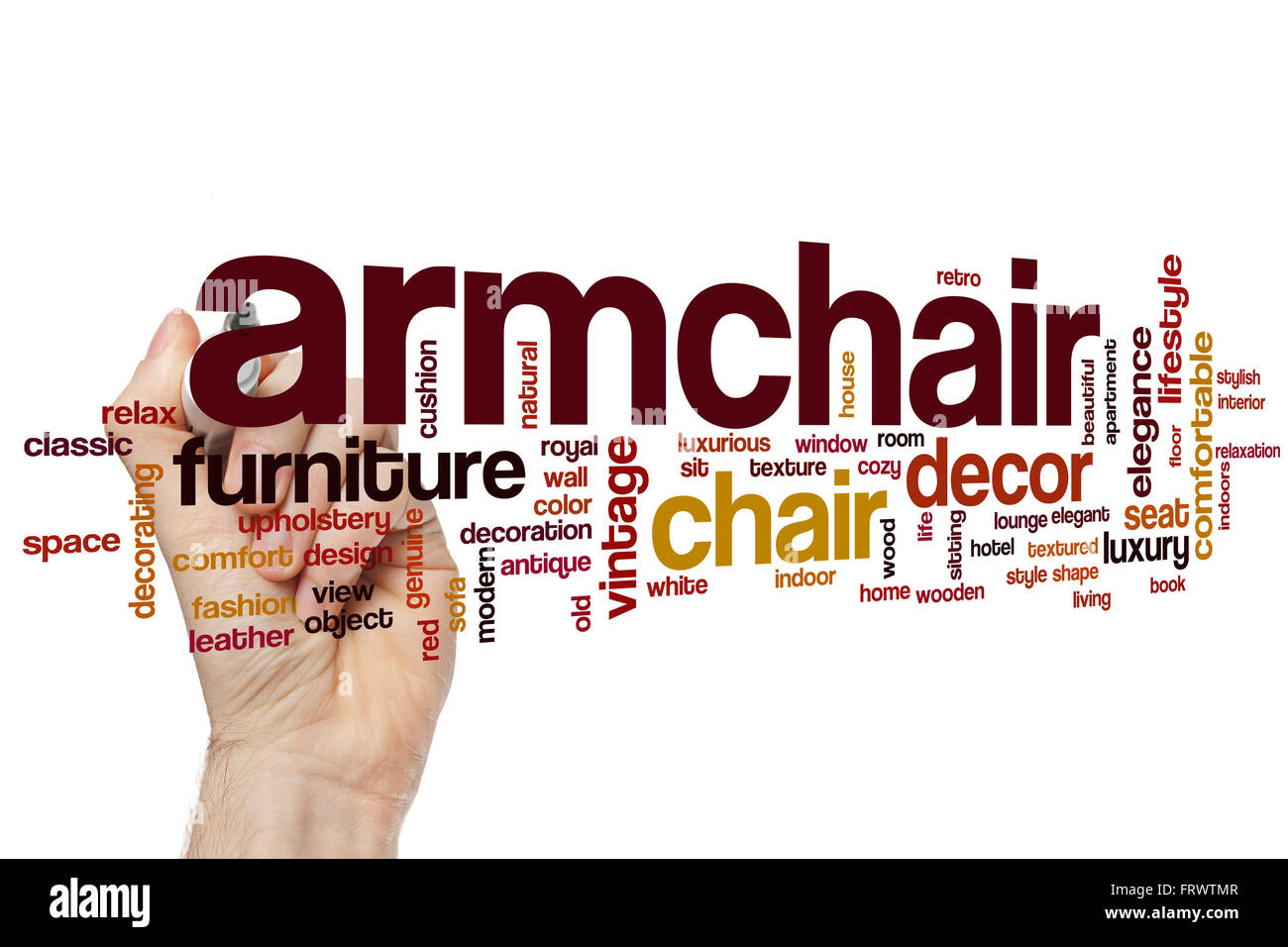 Armchair word cloud concept with decor furniture related tags Stock