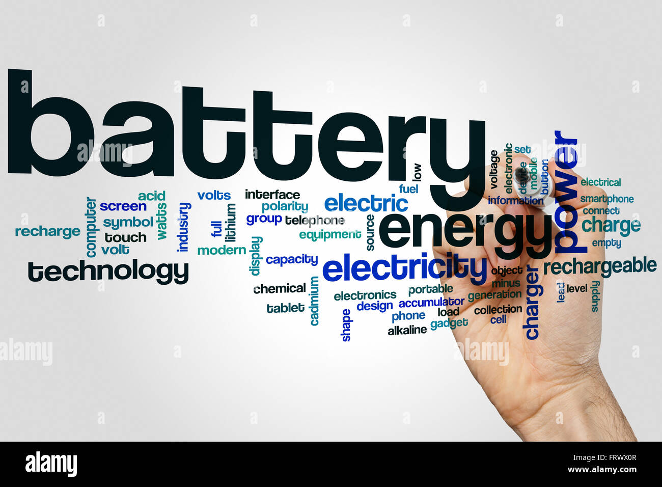 Battery word cloud concept with energy power related tags Stock Photo