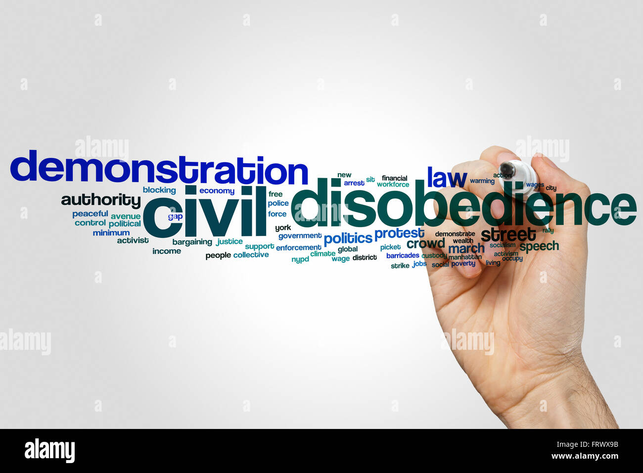 Civil disobedience word cloud concept with demonstration protest related tags Stock Photo