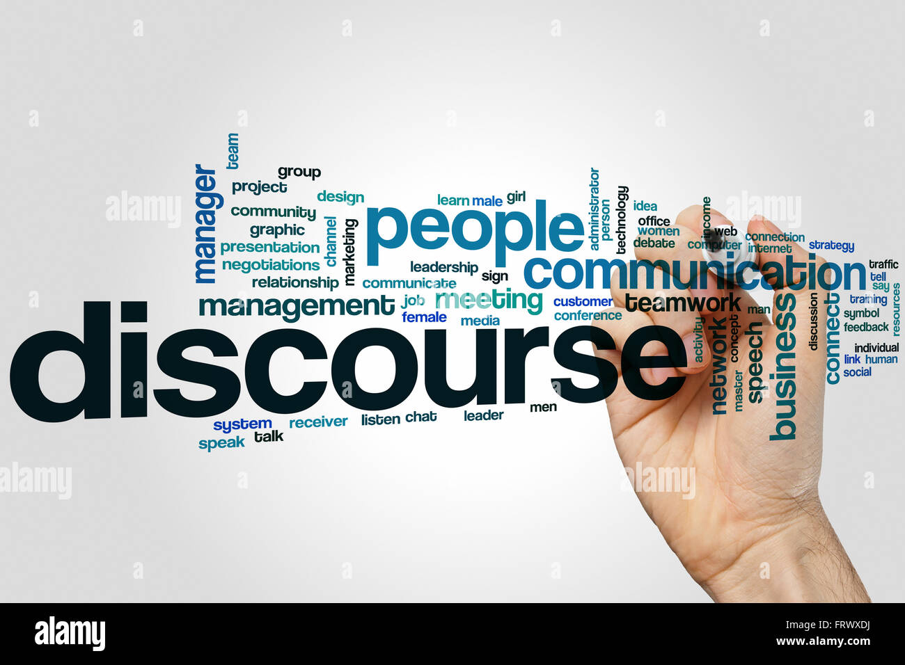 Discourse word cloud concept with communication talk related tags Stock Photo