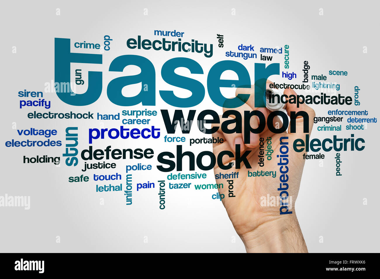 Taser word cloud concept with shock protection related tags Stock Photo