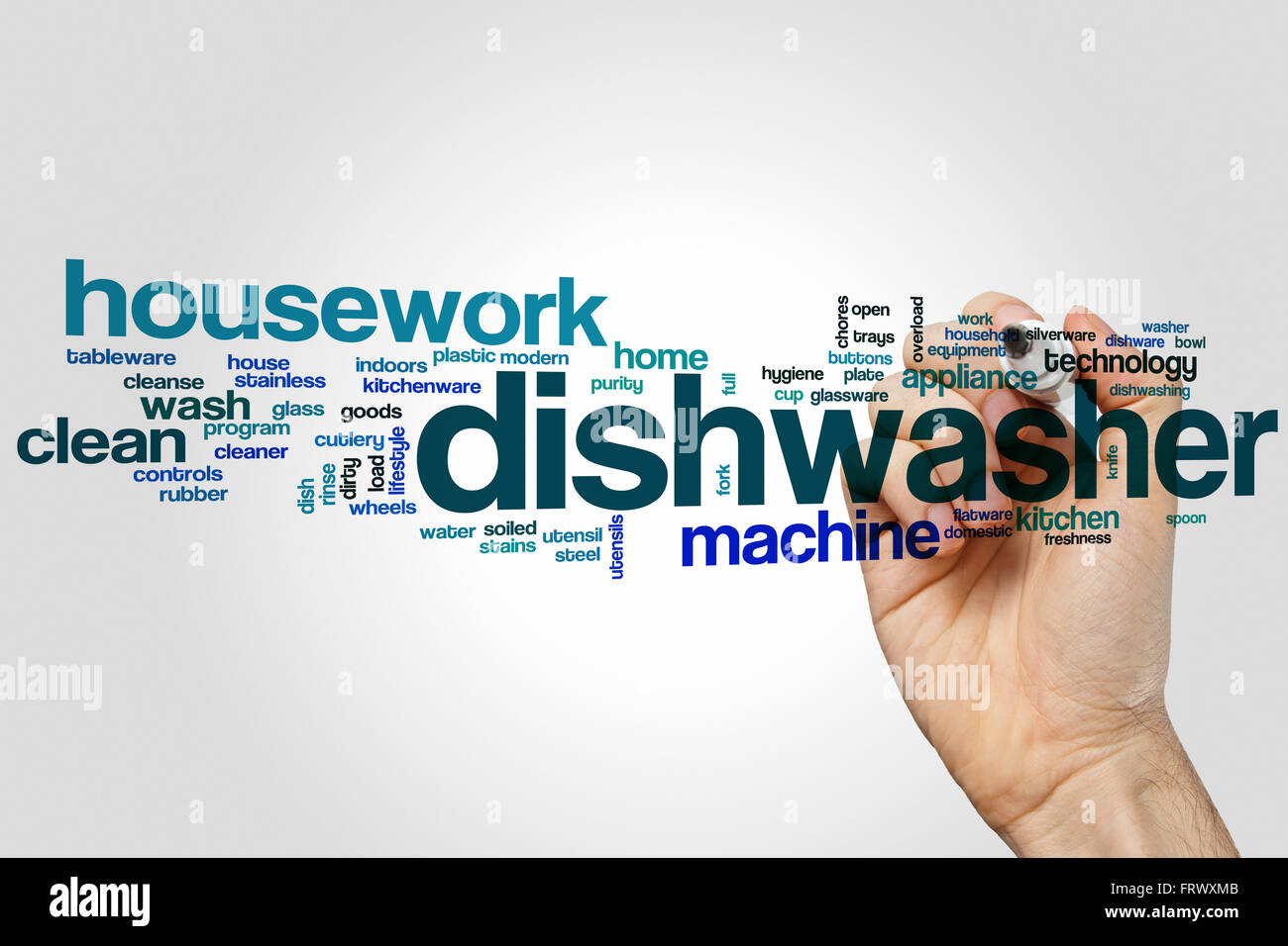 Dishwasher word cloud concept with kitchen appliance related tags Stock Photo