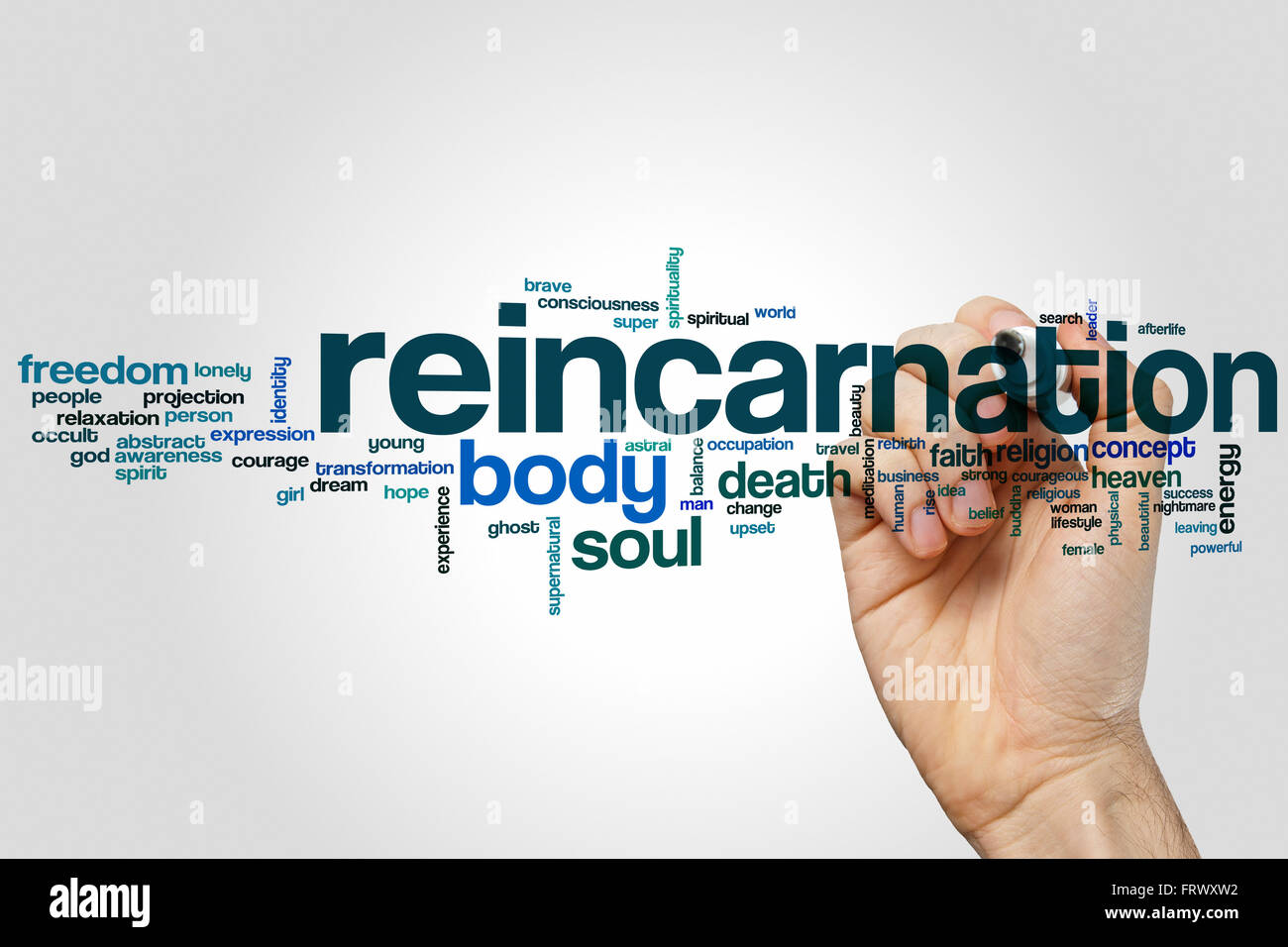 Reincarnation word cloud concept with body soul related tags Stock Photo