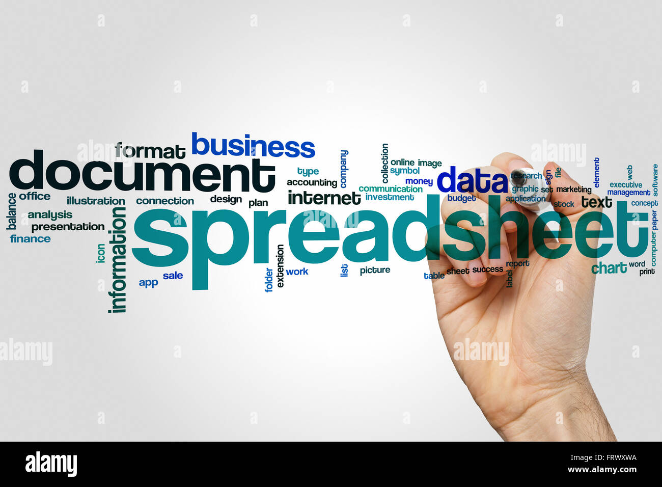 Spreadsheet word cloud concept with document data related tags Stock Photo