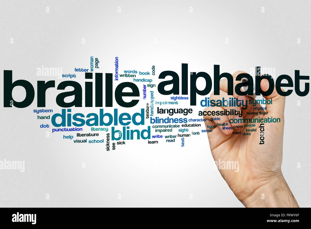 Braille alphabet word cloud concept with blind touch related tags stock