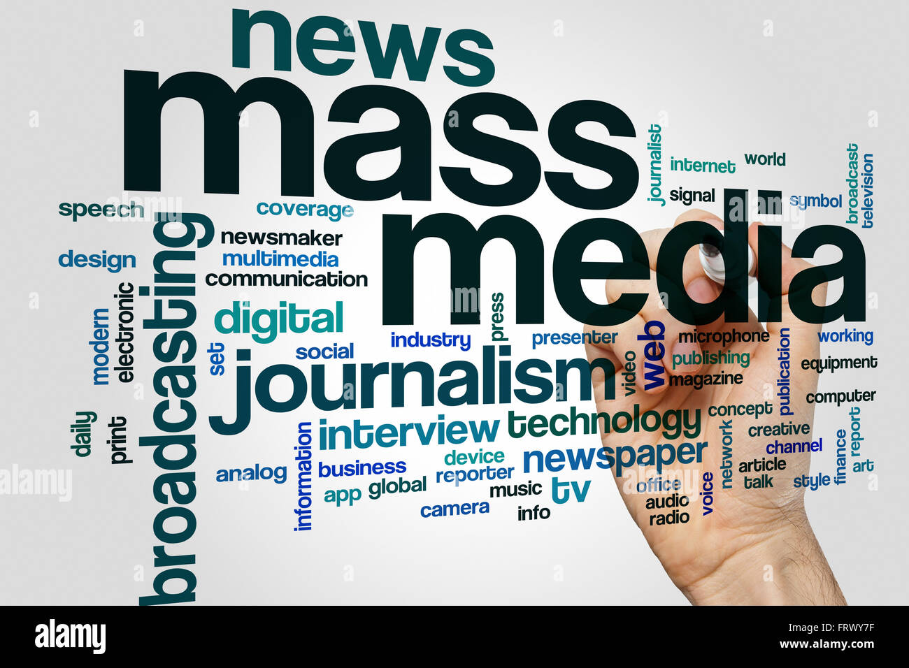 Mass media word cloud concept with journalism news related tags Stock Photo