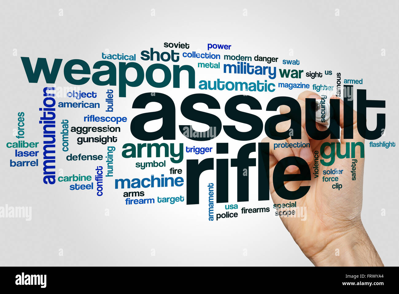 Assault rifle word cloud concept with weapon army related tags Stock