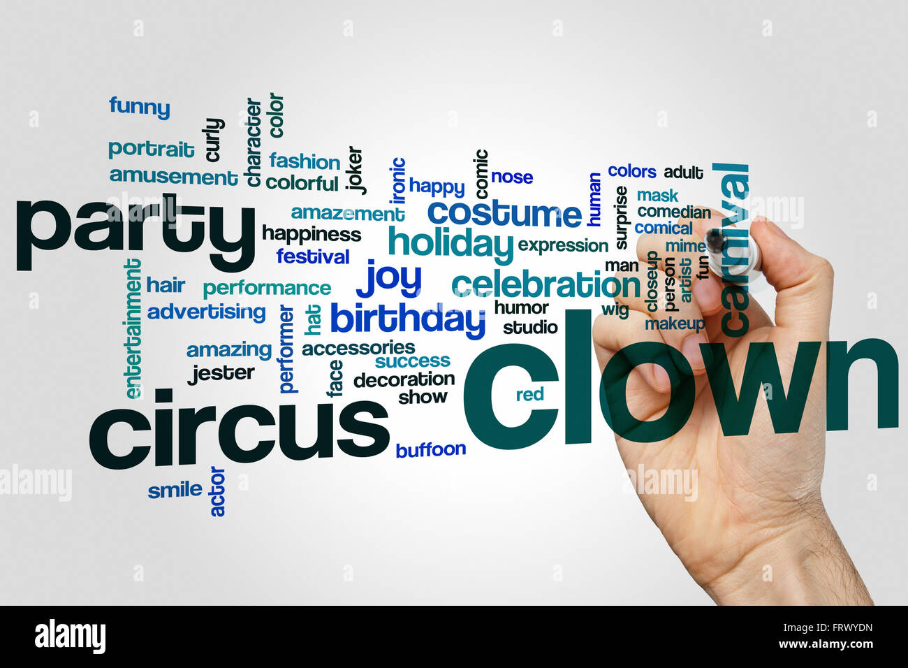 Clown word cloud concept with circus party related tags Stock Photo Alamy