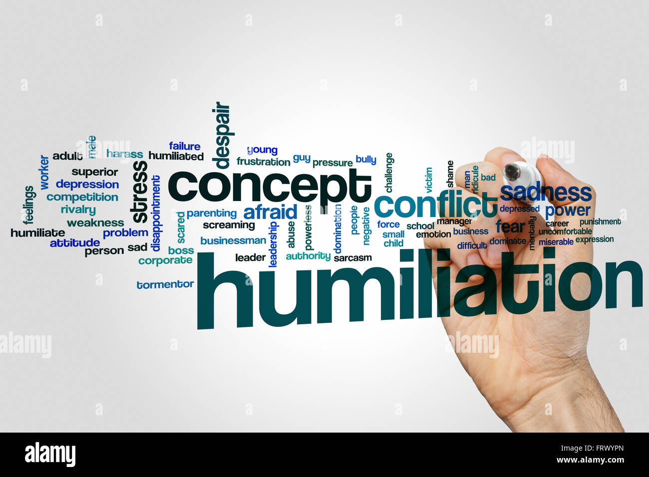 Humiliation word cloud concept with scared conflict related tags Stock Photo