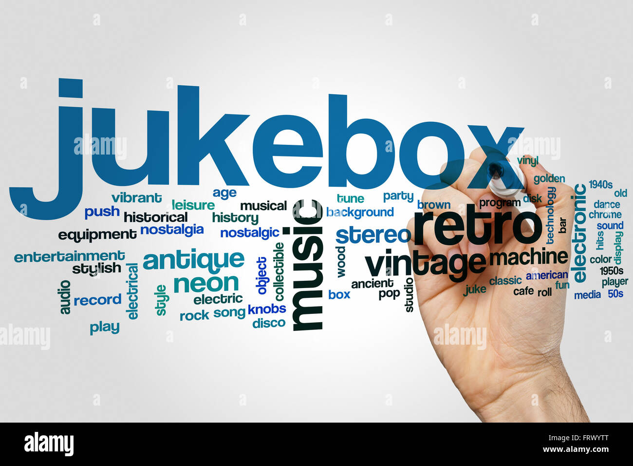 Jukebox word cloud concept with retro music related tags Stock Photo ...
