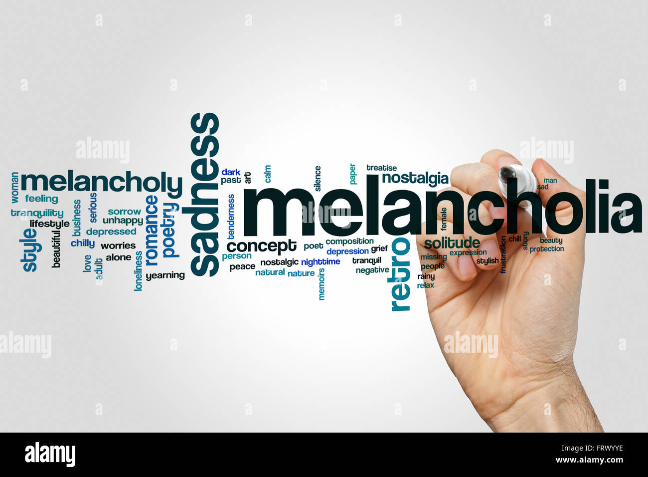 Melancholia word cloud concept with sad poet related tags Stock Photo