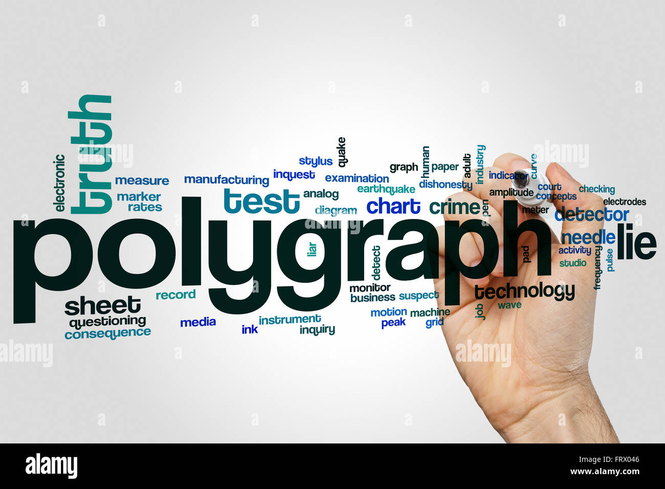 Polygraph word cloud concept with lie truth related tags Stock Photo