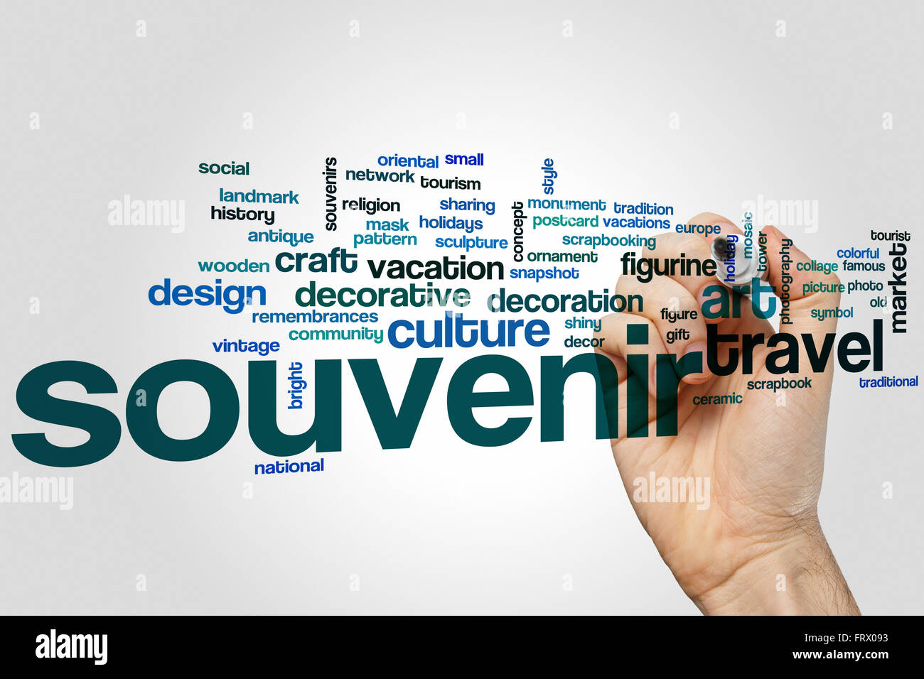 Souvenir word cloud concept with travel art related tags Stock Photo