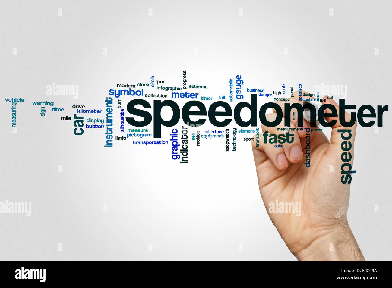 Speedometer word cloud concept with speed fast related tags Stock Photo