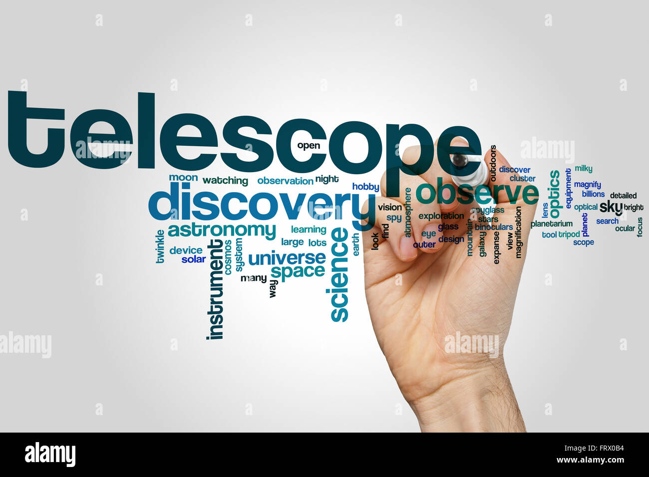 Telescope word cloud concept with science astronomy related tags Stock