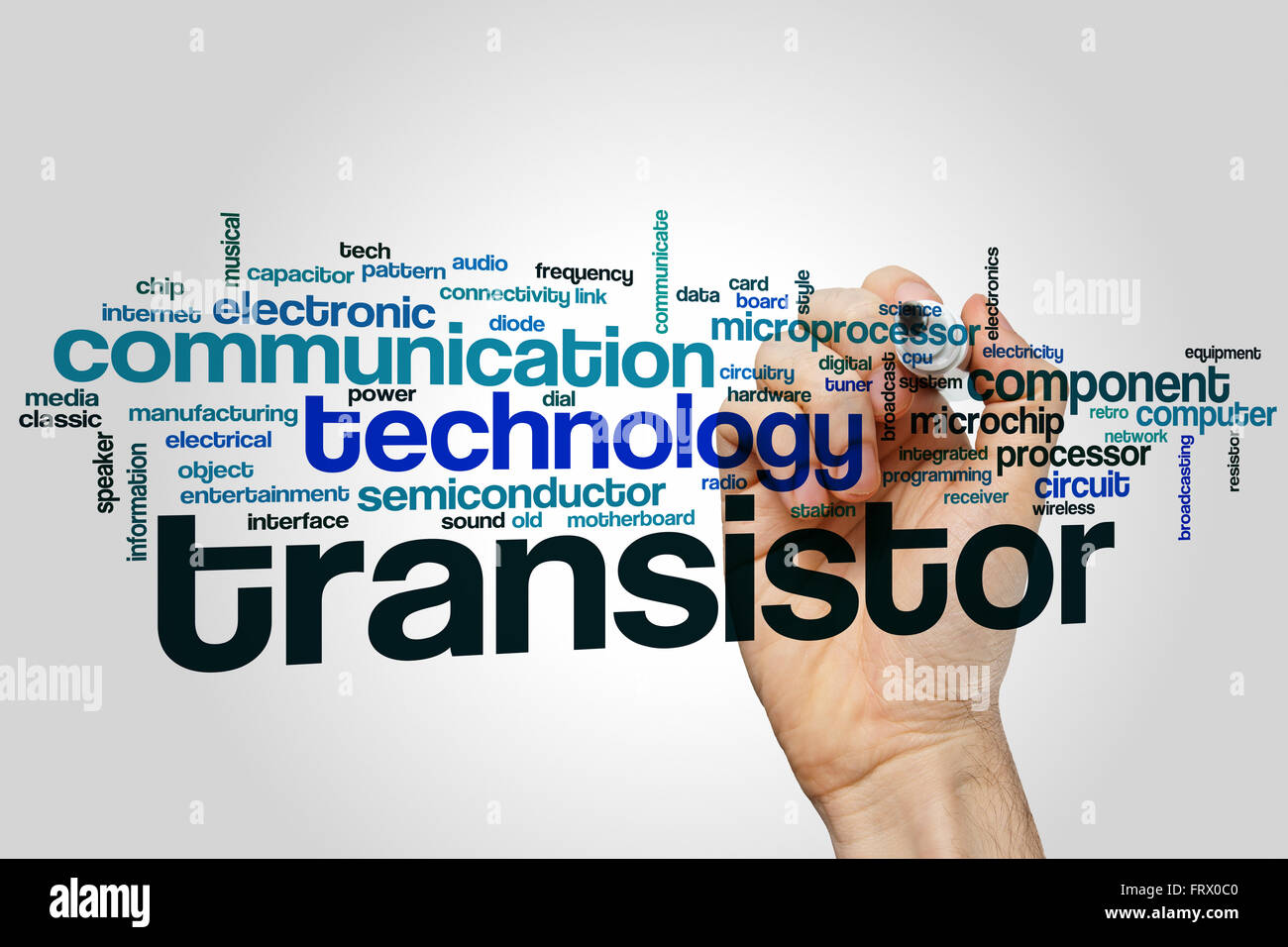 Transistor word cloud concept with technology component related tags
