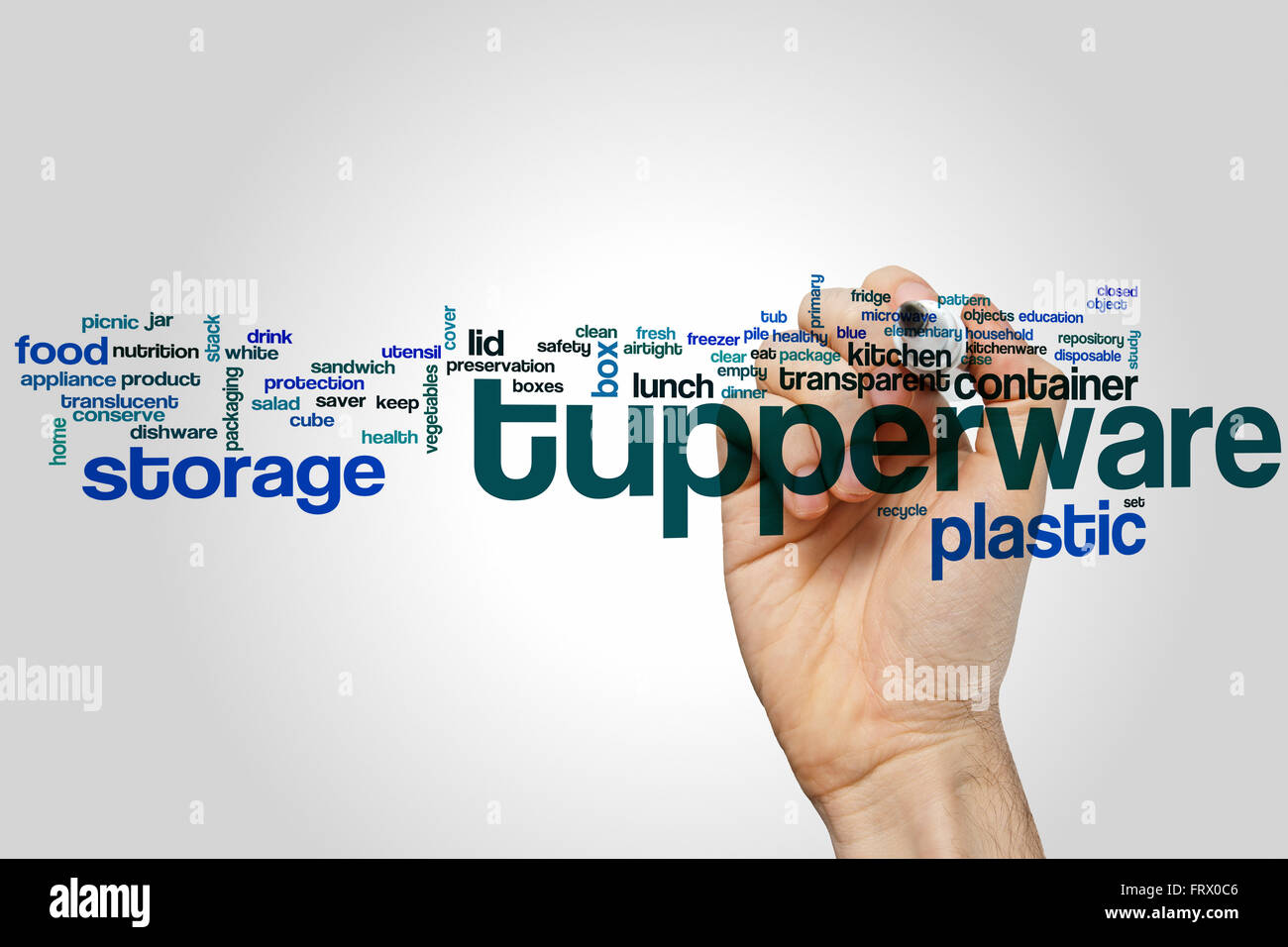 Tupperware word cloud concept with plastic storage related tags Stock