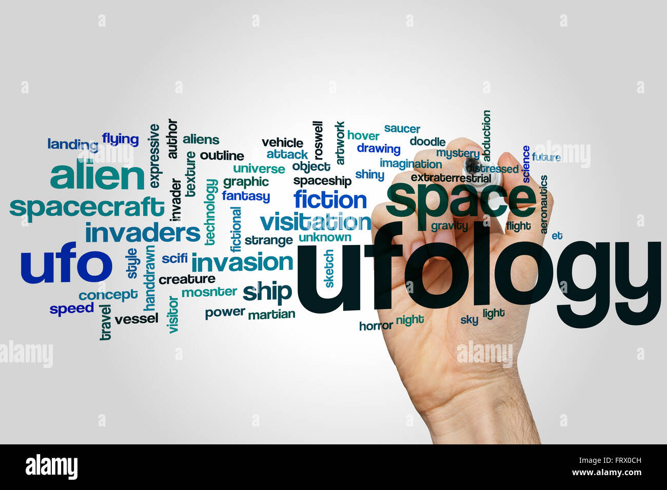 Ufology word cloud concept with alien invasion related tags Stock Photo