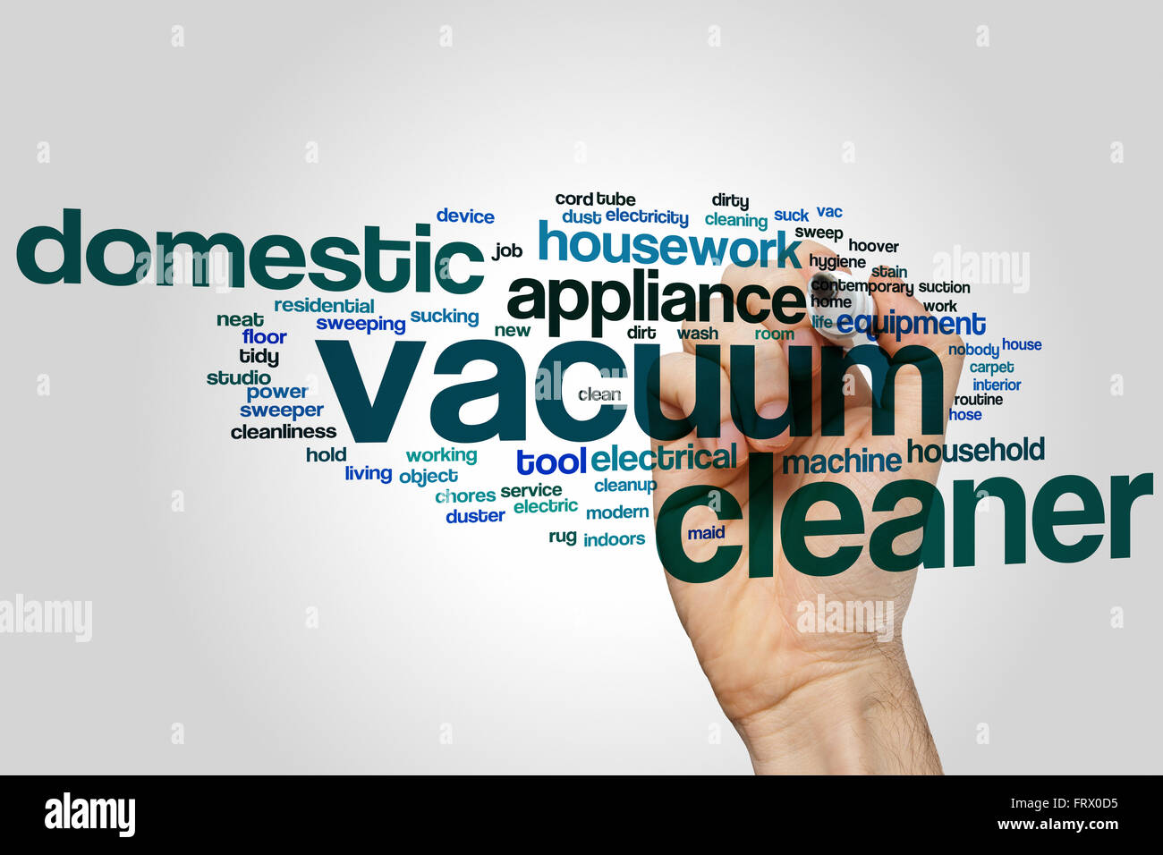 Vacuum cleaner word cloud concept with domestic appliance related tags