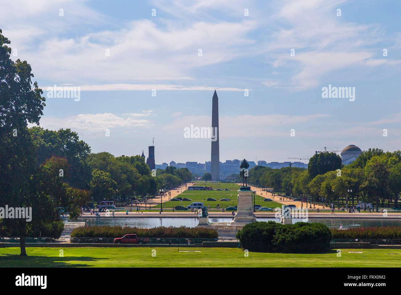 View on the Reflection Pool, Washington Mall, Washington Monument, Lincoln Memorial, Smithsonian Castle seen from Capitol Hill Stock Photo