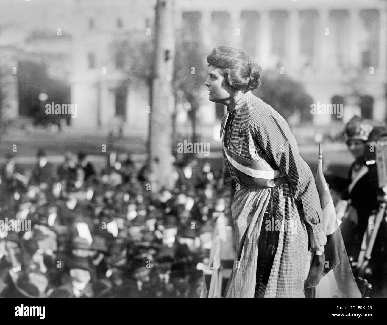 Lucy Gwynne Branham, an American suffragette and organizer for the National Women's Party, speaking at a rally c.1919. Photo by Harris and Ewing. Stock Photo