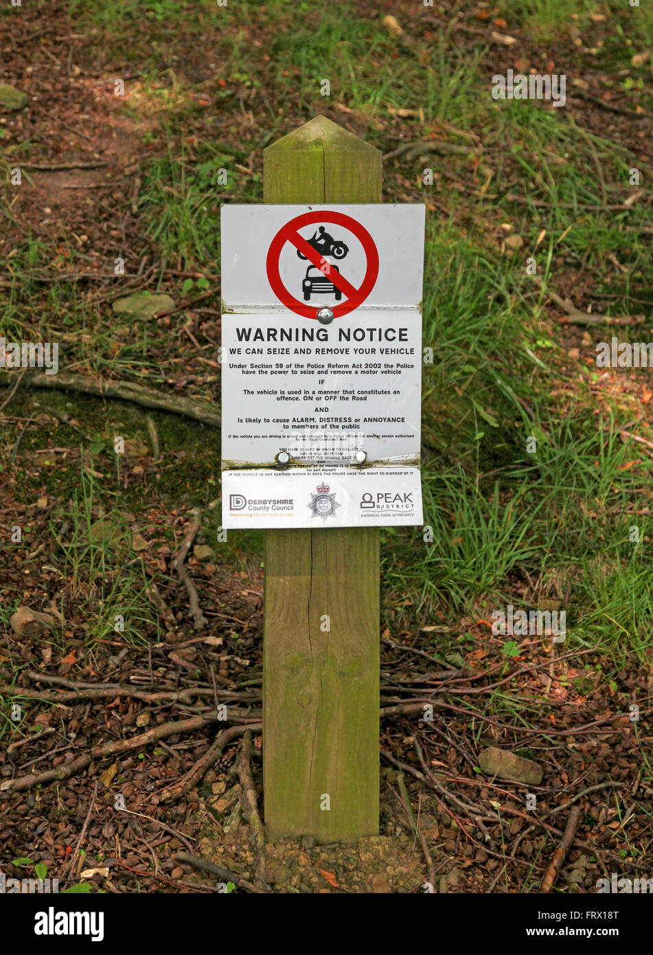 A warning notice in the Peak District National Park about off road use of vehicles can be seized and removed Stock Photo