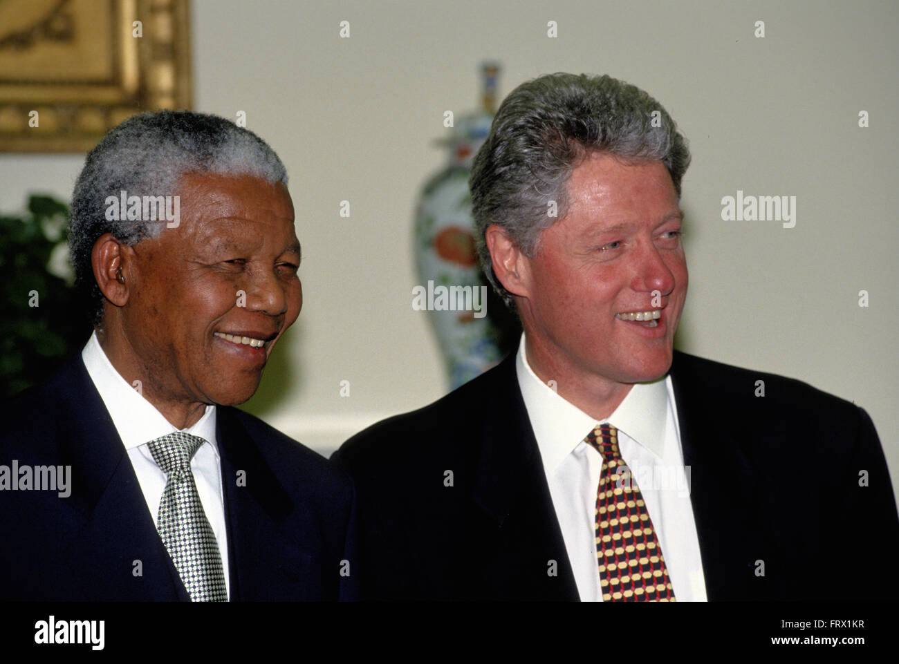 Washington, DC., USA, 5th October,1994 President William Jefferson Clinton hosts South African President Nelson Mandella at the White House. Mandella was a South African anti-apartheid revolutionary, politician and philanthropist who served as President of South Africa from 1994 to 1999. He was South Africa's first black chief executive, and the first elected in a fully representative democratic election. His government focused on dismantling the legacy of apartheid through tackling institutionalized racism, poverty and inequality, and fostering racial reconciliation.  Credit: Mark Reinstein Stock Photo