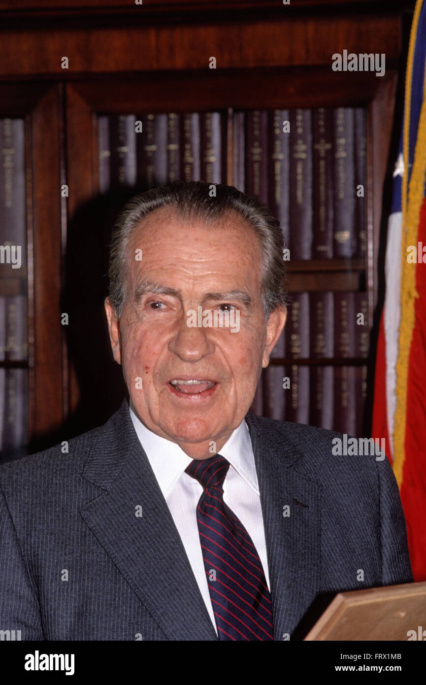 Washington, DC., USA,  1990 Former President Richard Milhous Nixon. Richard Milhous Nixon was the 37th President of the United States, serving from 1969 to 1974, when he became the only president to resign the office. Nixon had previously served as a Republican U.S. Representative and Senator from California and as the 36th Vice President of the United States from 1953 to 1961. Nixon was elected in California to the House of Representatives in 1946 and to the Senate in 1950. His pursuit of the Alger Hiss case established his reputation as a leading anti-communist Credit: Mark Reinstein Stock Photo