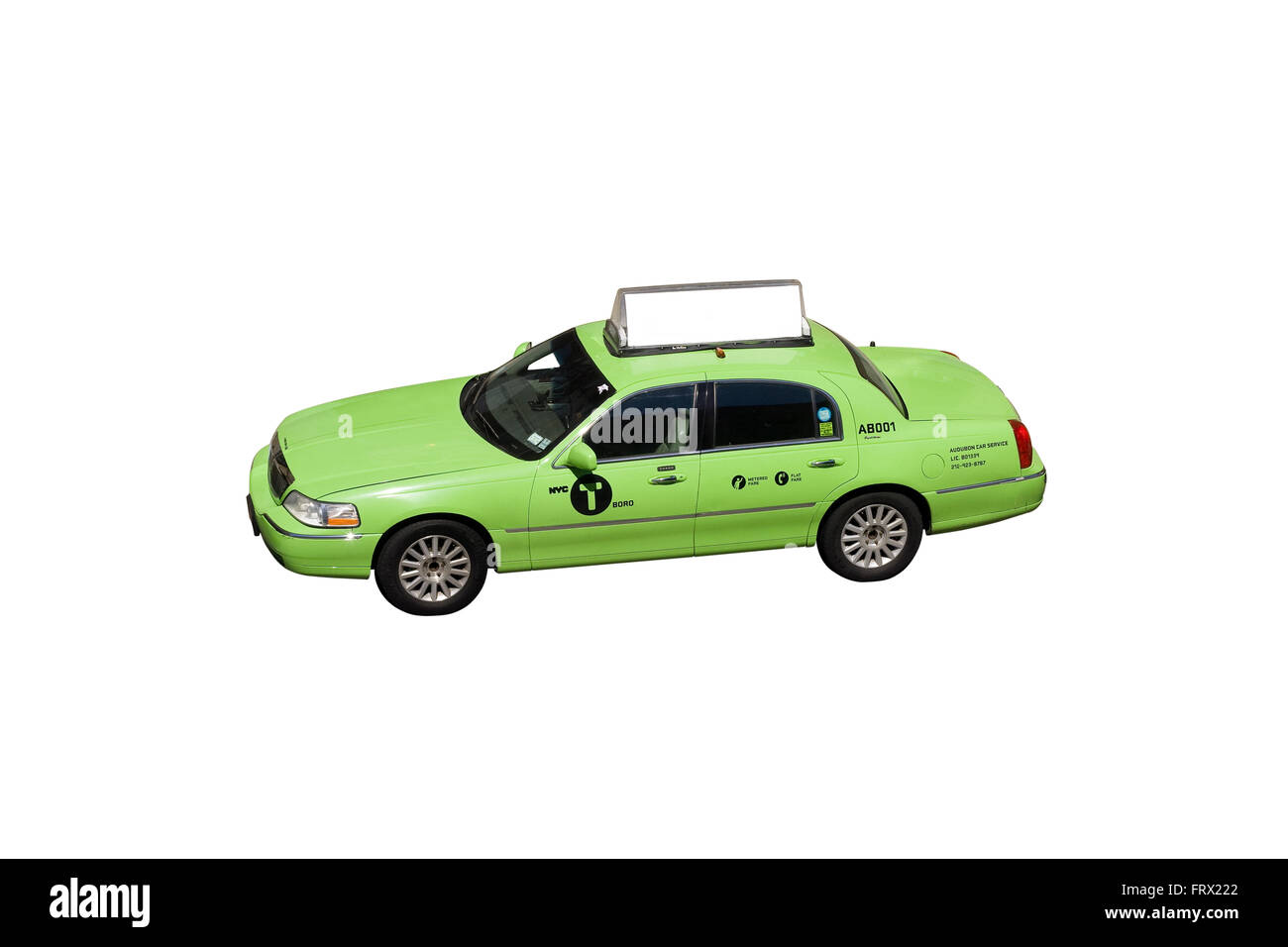 Cut Out. New York City's green Taxi Cab on white background WITHOUT shadow (E29JKN cut out WITH shadow) (E29JKK image on street) Stock Photo