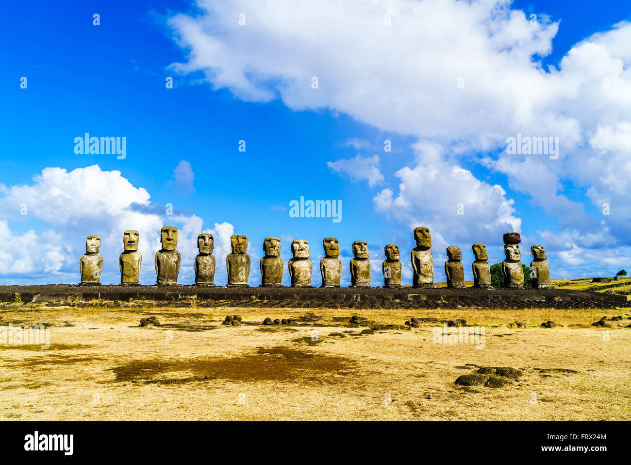 Moai at Ahu Tongariki in the Rapa Nui National Park on Easter Island, Chile Stock Photo