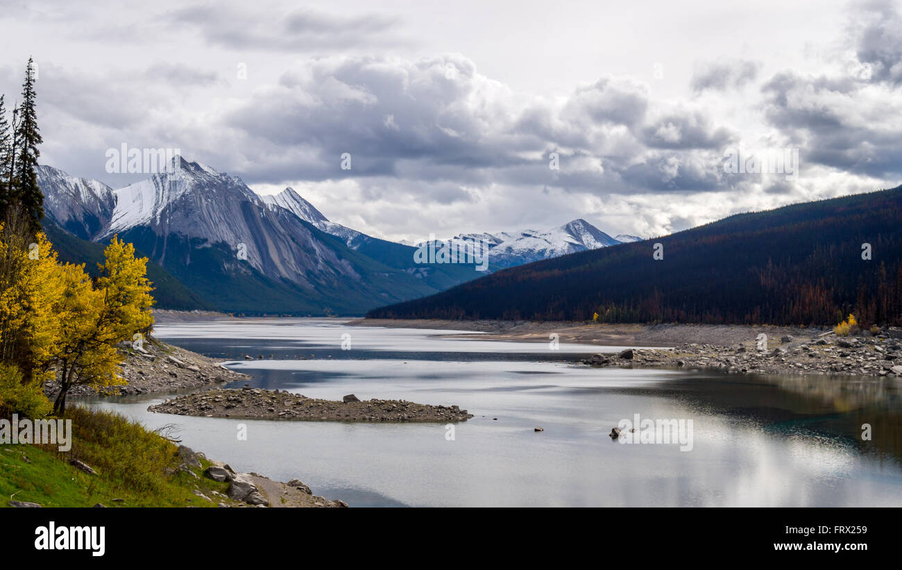 Medicine Lake in Jasper National Park in the Fall as the lake slowly drains to be filled again with next spring's run off Stock Photo