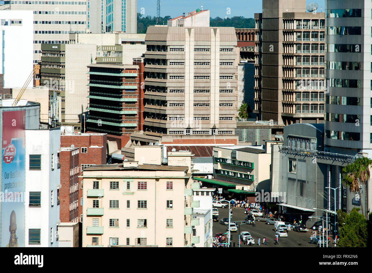 Aerial view of CBD, looking east down Jason Moyo Avenue, Harare, Zimbabwe Stock Photo