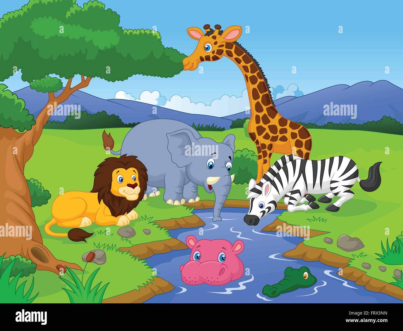 Cute African safari animal cartoon characters scene Stock Vector Image &  Art - Alamy