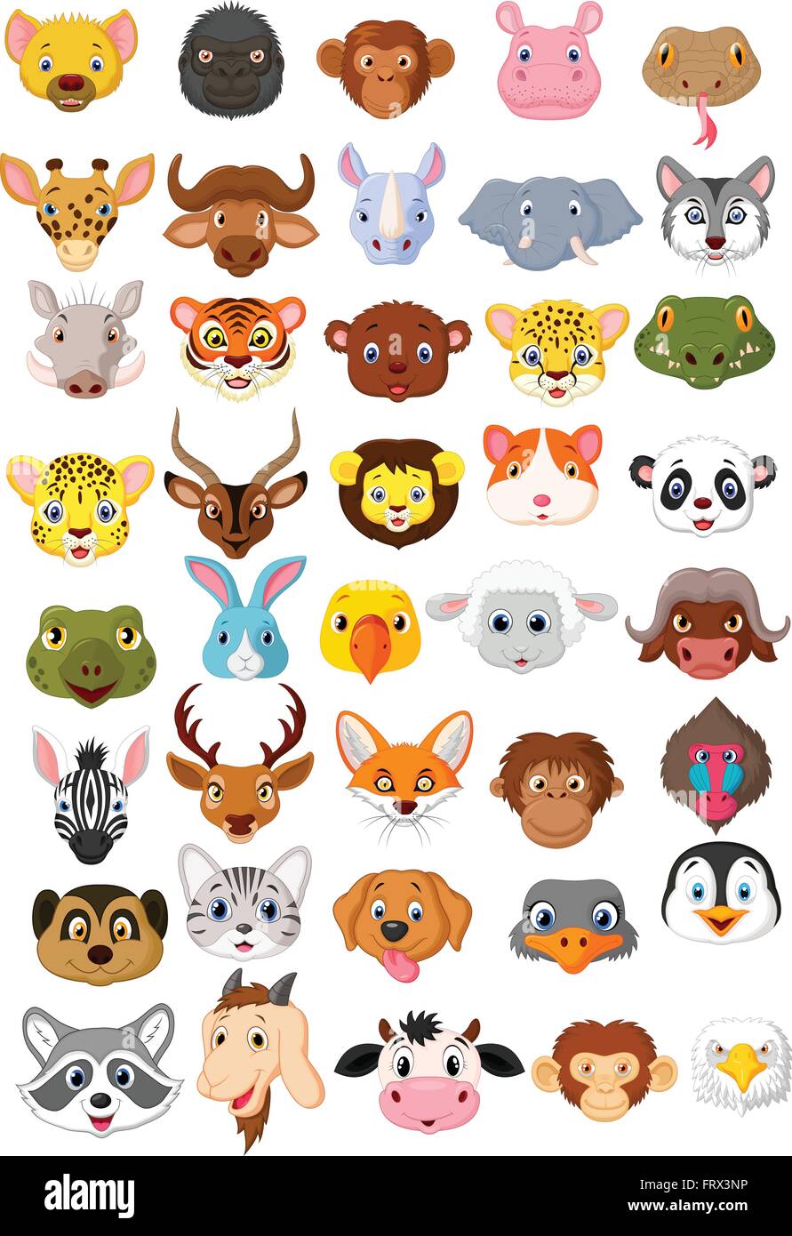 Cartoon animal head collection set Stock Vector