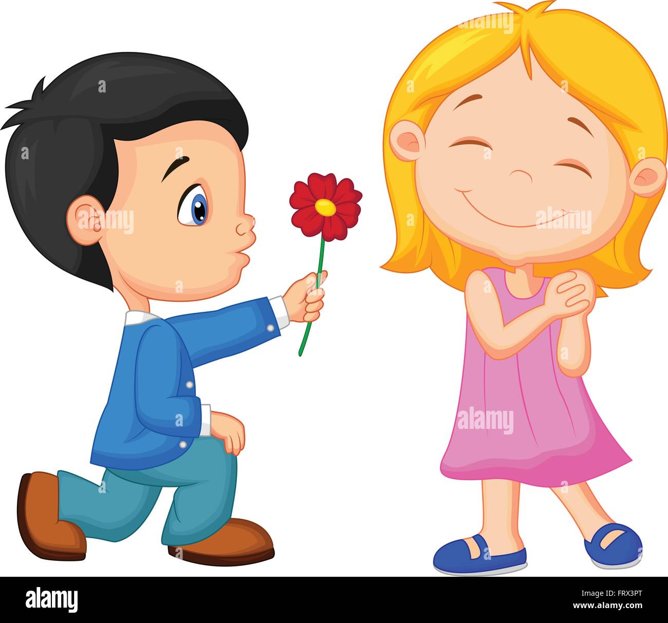 Little boy kneels on one knee giving flowers to girl Stock Vector Image