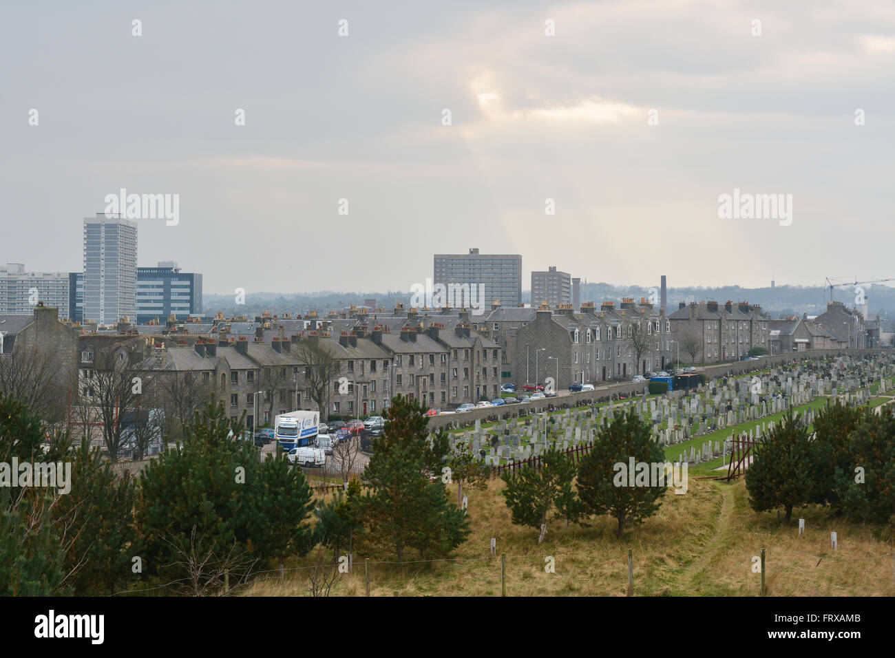 Aberdeen, Scotland, UK - grey granite flats popular as student housing line Seaforth Road next to Trinity Cemetery Stock Photo