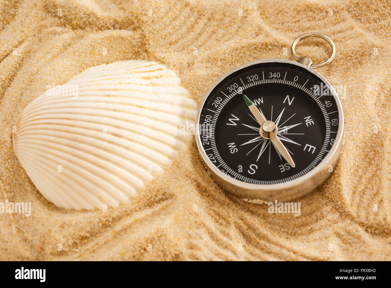 Black compass and sea shell in sand closeup Stock Photo - Alamy
