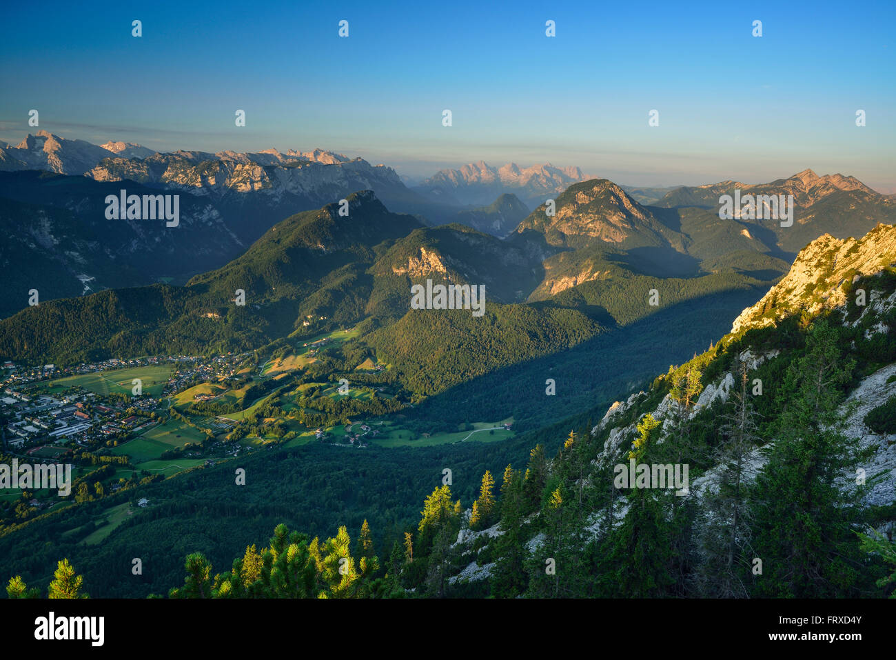 View from mount Hochstaufen over valley of Bad Reichenhall, Chiemgau Alps, Chiemgau, Upper Bavaria, Bavaria, Germany Stock Photo